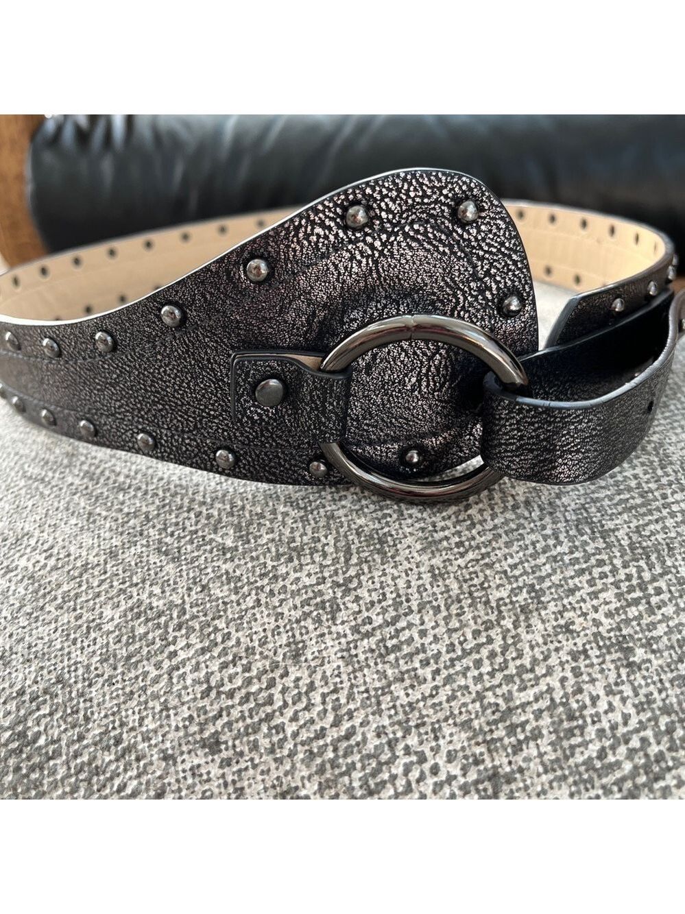 BELT Metallic Pewter Colour Faux Leather Gunmetal Colour Studs Buckle Chic